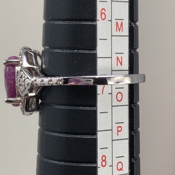 Red Opaque Ruby Ring Zircon Halo Gemstones Rhodium Over Sterling Silver Size 7 - Picture 8 of 9